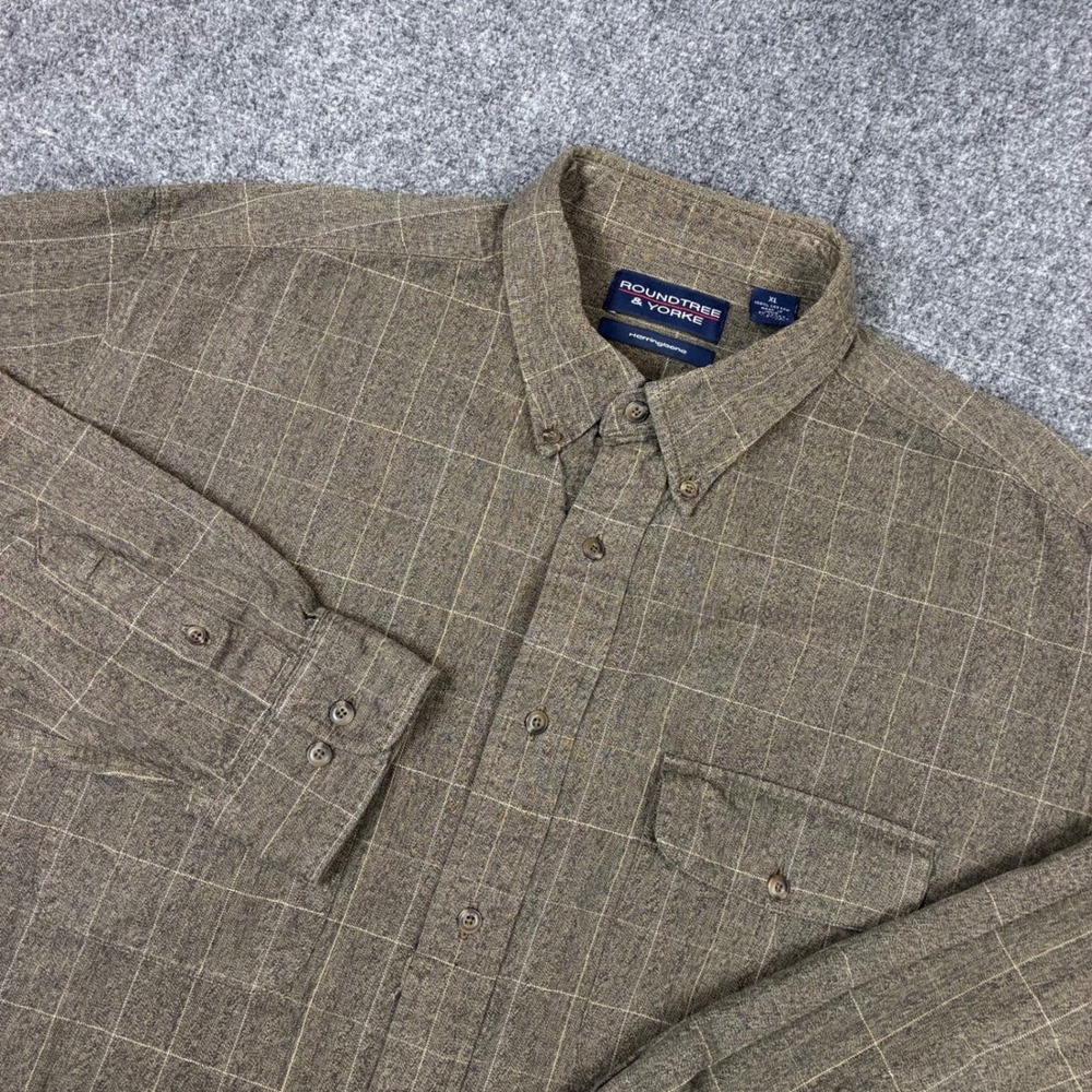 Roundtree & Yorke Mens Size XL Brown Herringbone Windowpane Button Down Shirt
